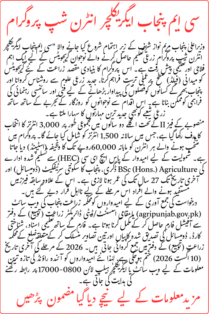 CM Punjab Agriculture Internship Program 2026 Update: Rs. 60,000 Monthly with Hands-On Field Experience
