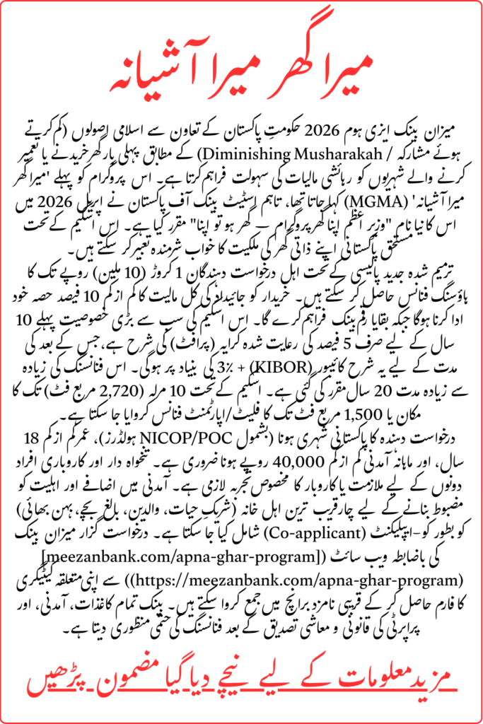 Meezan Bank Easy Home 2026 Details Mera Ghar Mera Ashiana Scheme Loan Full Guide